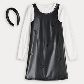 Toddler BTween Pleather A-Line Dress with Floral Appliqués & Long Sleeve Top Set