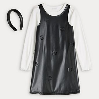 Toddler BTween Pleather A-Line Dress with Floral Appliqués & Long Sleeve Top Set