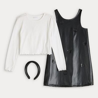 Toddler BTween Pleather A-Line Dress with Floral Appliqués & Long Sleeve Top Set