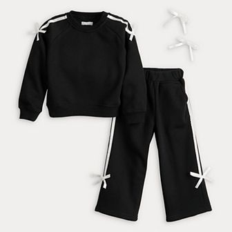 Girls 4-8 BTween Fleece Sweatshirt & Wide Leg Sweatpants Set with Matching Hair Bows