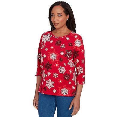 Petite Alfred Dunner Embellished Snowflake Pleated Neck Top