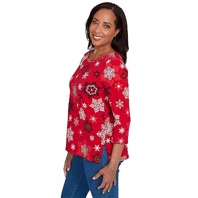 Petite Alfred Dunner Embellished Snowflake Pleated Neck Top