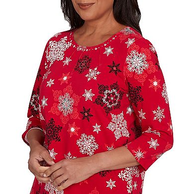 Petite Alfred Dunner Embellished Snowflake Pleated Neck Top