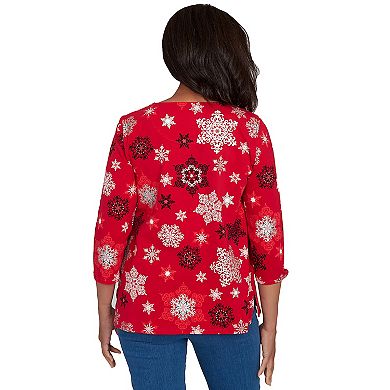 Petite Alfred Dunner Embellished Snowflake Pleated Neck Top