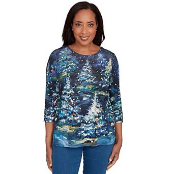 Petite Alfred Dunner Starry Night Holiday Tree Top Graphic Tee