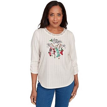 Petite Alfred Dunner Holiday Stockings Gathered Sleeve Top