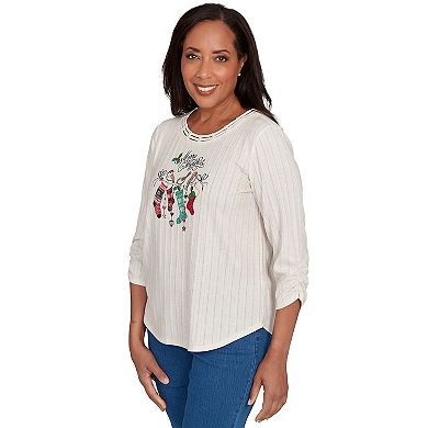 Petite Alfred Dunner Holiday Stockings Gathered Sleeve Top