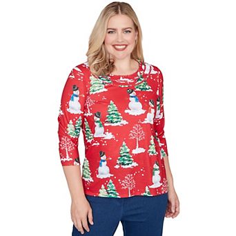 Petite Alfred Dunner Snowmen Printed Graphic Crewneck Top