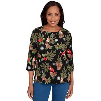 Petite Alfred Dunner Cardinals & Pinecones Embellished Top