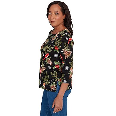 Petite Alfred Dunner Cardinals & Pinecones Embellished Top