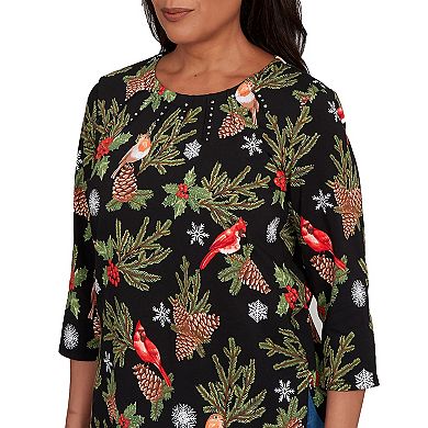Petite Alfred Dunner Cardinals & Pinecones Embellished Top