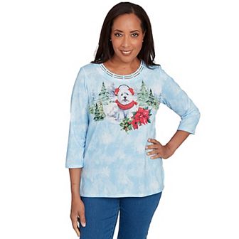 Petite Alfred Dunner Holiday Dog in Earmuffs Graphic Top