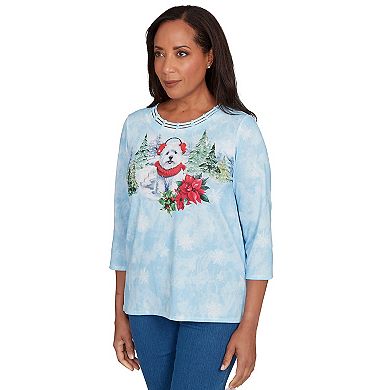 Petite Alfred Dunner Holiday Dog in Earmuffs Graphic Top