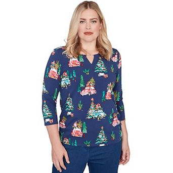 Petite Alfred Dunner Christmas Tree Print Beaded V-Neck Top