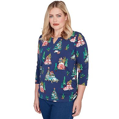 Petite Alfred Dunner Christmas Tree Print Beaded V-Neck Top