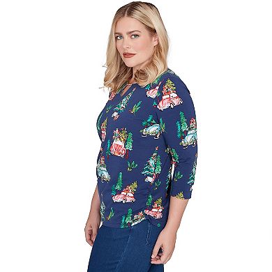 Petite Alfred Dunner Christmas Tree Print Beaded V-Neck Top