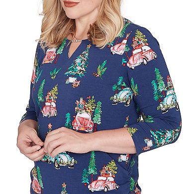 Petite Alfred Dunner Christmas Tree Print Beaded V-Neck Top