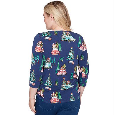 Petite Alfred Dunner Christmas Tree Print Beaded V-Neck Top