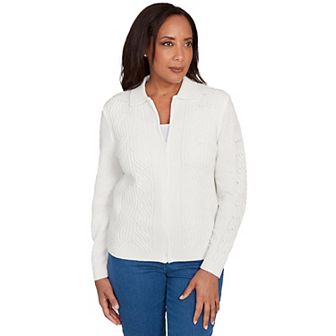 Petite Alfred Dunner Zip-Front Chenille Collared Sweater