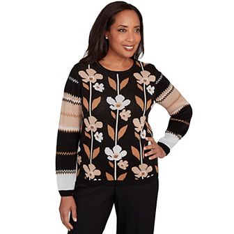 Petite Alfred Dunner Vertical Flower Zig Zag Sweater