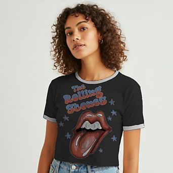 Juniors' The Rolling Stones Tongue Out Graphic Ringer Baby Tee