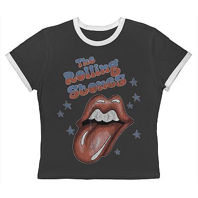 Juniors' The Rolling Stones Tongue Out Graphic Ringer Baby Tee