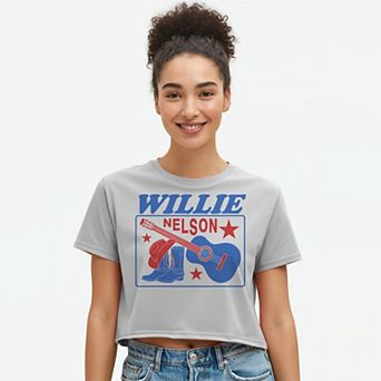 Juniors' Willie Nelson Cropped Graphic Tee