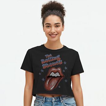 Juniors' Rolling Stones Tongue Out Cropped Graphic Tee