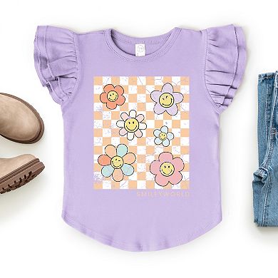SmileyWorld Checkered Floral Distressed - Flutter Sleeve Graphic T-Shirt