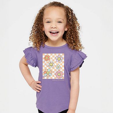 SmileyWorld Checkered Floral Distressed - Flutter Sleeve Graphic T-Shirt