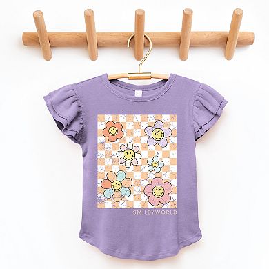 SmileyWorld Checkered Floral Distressed - Flutter Sleeve Graphic T-Shirt