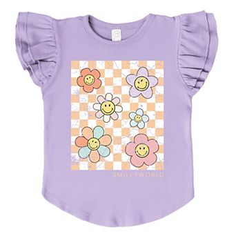 SmileyWorld Checkered Floral Distressed - Flutter Sleeve Graphic T-Shirt