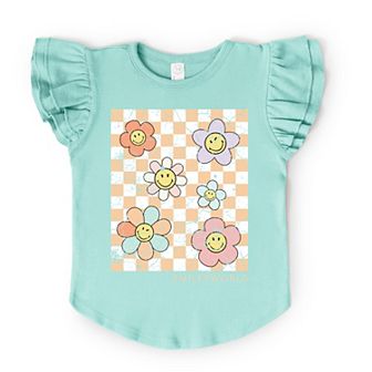 SmileyWorld Checkered Floral Distressed - Flutter Sleeve Graphic T-Shirt