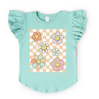 SmileyWorld Checkered Floral Distressed - Flutter Sleeve Graphic T-Shirt