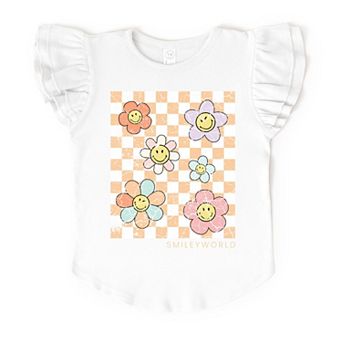 SmileyWorld Checkered Floral Distressed - Flutter Sleeve Graphic T-Shirt
