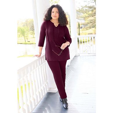 Catherines Women's Plus Size Embroidered Pintuck Tunic