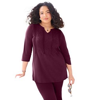 Catherines Women's Plus Size Embroidered Pintuck Tunic