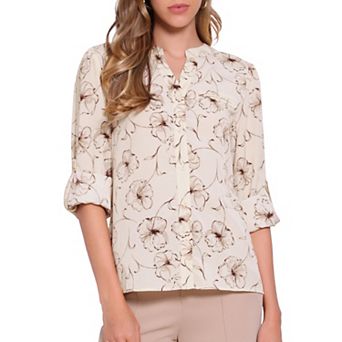Notched Crew Neck Tops for Women's Printing Button-down Shirts