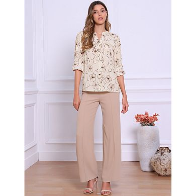 Notched Crew Neck Tops for Women's Printing Button-down Shirts