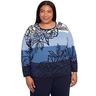 Plus Size Alfred Dunner Ombre Floral Block Stripe Sweater