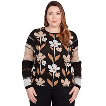 Plus Size Alfred Dunner Vertical Flower Zig Zag Sweater