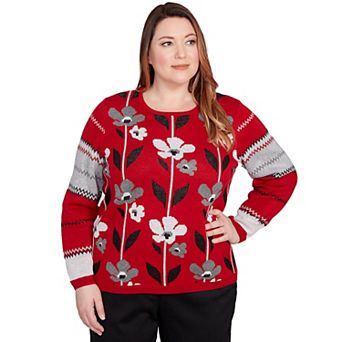 Plus Size Alfred Dunner Vertical Flower Zig Zag Sweater