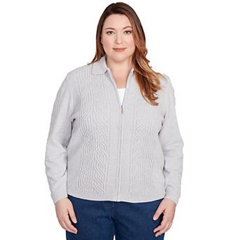 Plus Size Alfred Dunner Zip-Front Chenille Collared Sweater