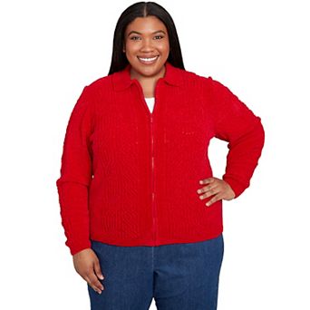 Plus Size Alfred Dunner Zip-Front Chenille Collared Sweater