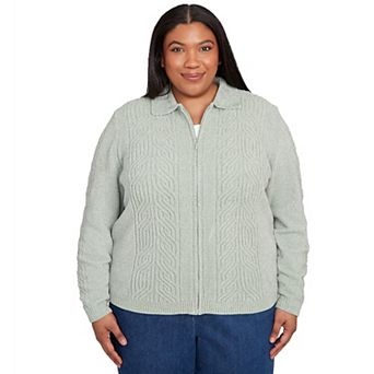 Plus Size Alfred Dunner Zip-Front Chenille Collared Sweater
