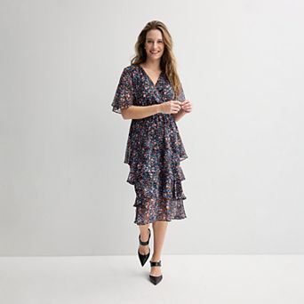 Women's Sandra Darren Surplice Flutter Tiered Midi Dress