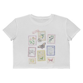Juniors' Grayson Threads The Label Floral Stamps Collage Cropped Graphic Tee
