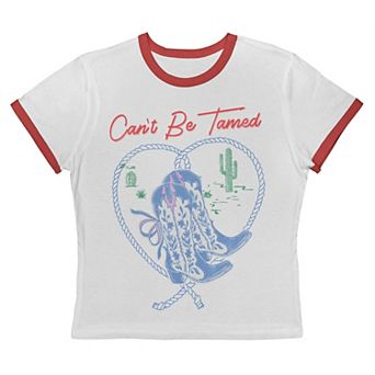 Juniors' Grayson Threads The Label Can't Be Tamed Cowgirl Boots Graphic Ringer Baby Tee