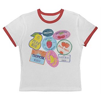 Juniors' Grayson Threads The Label Organic Fruit Sticker Collage Graphic Ringer Baby Tee
