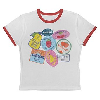 Juniors' Grayson Threads The Label Organic Fruit Sticker Collage Graphic Ringer Baby Tee